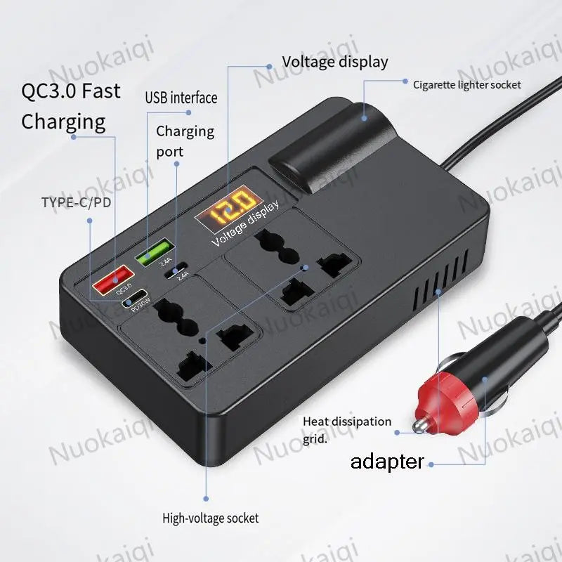 Car Power Charger Inverter - 12V-24V to 220V with Smart Chip, QC3.0 Fast Charging USB Ports, Wireless Carplay Adapter