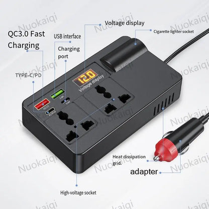 Car Power Charger Inverter - 12V-24V to 220V with Smart Chip, QC3.0 Fast Charging USB Ports, Wireless Carplay Adapter