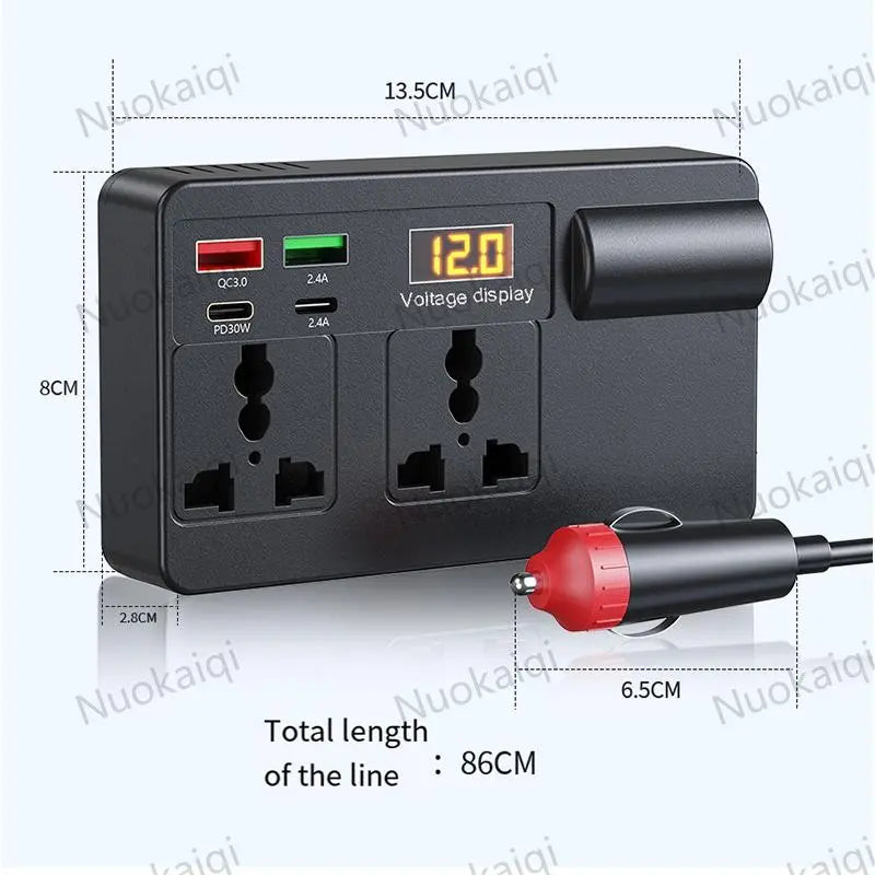 Car Power Charger Inverter - 12V-24V to 220V with Smart Chip, QC3.0 Fast Charging USB Ports, Wireless Carplay Adapter