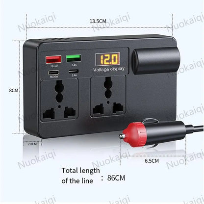 Car Power Charger Inverter - 12V-24V to 220V with Smart Chip, QC3.0 Fast Charging USB Ports, Wireless Carplay Adapter
