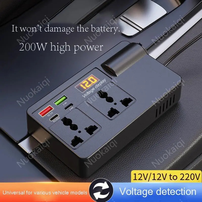 Car Power Charger Inverter - 12V-24V to 220V with Smart Chip, QC3.0 Fast Charging USB Ports, Wireless Carplay Adapter