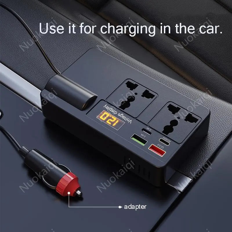 Car Power Charger Inverter - 12V-24V to 220V with Smart Chip, QC3.0 Fast Charging USB Ports, Wireless Carplay Adapter