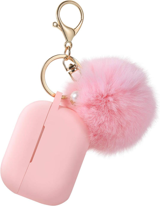 Protective Case Cover for Airpods Pro Charging Case, Upgraded Air Pods Silicone Case Skin with Soft Cute Ball Pom Pom Keychain Kit (A, Pink)