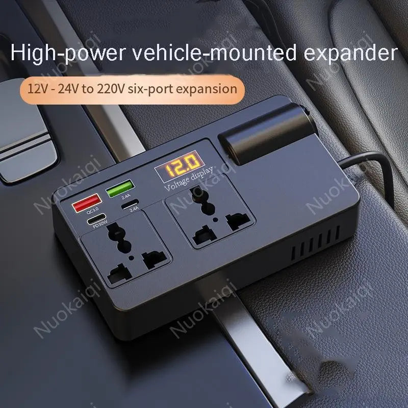 Car Power Charger Inverter - 12V-24V to 220V with Smart Chip, QC3.0 Fast Charging USB Ports, Wireless Carplay Adapter