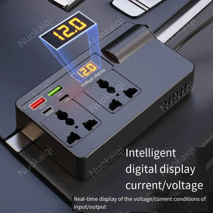 Car Power Charger Inverter - 12V-24V to 220V with Smart Chip, QC3.0 Fast Charging USB Ports, Wireless Carplay Adapter