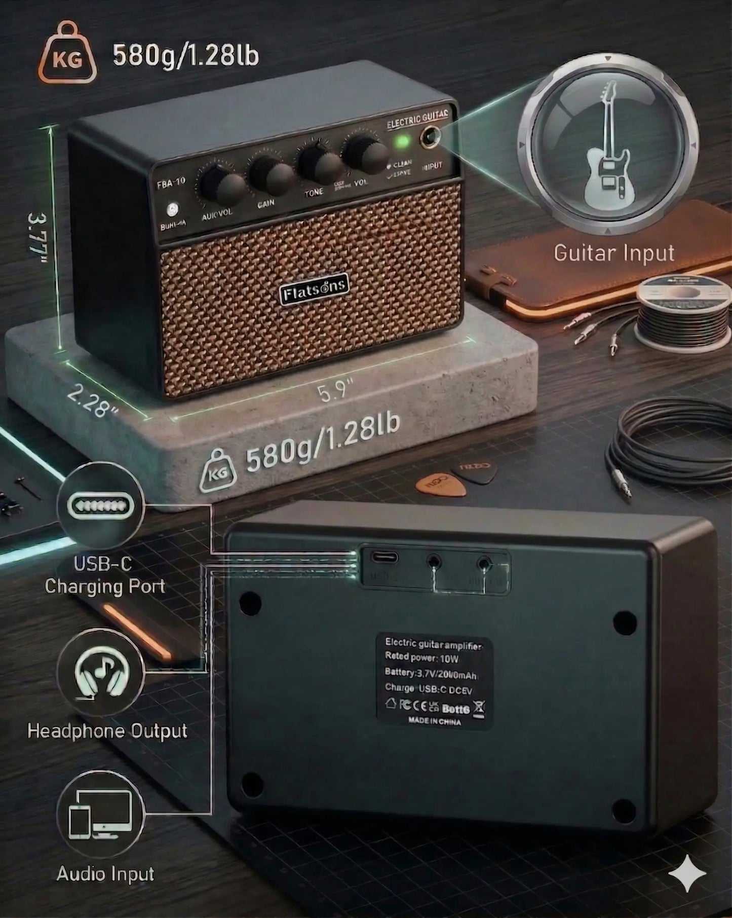 Flatsons FBA-10 Guitar Amp, 3.5Mm Headphone/Aux Jack, 10W Mini Electric Guitar Amplifier with Clean/Drive Channel - Portable