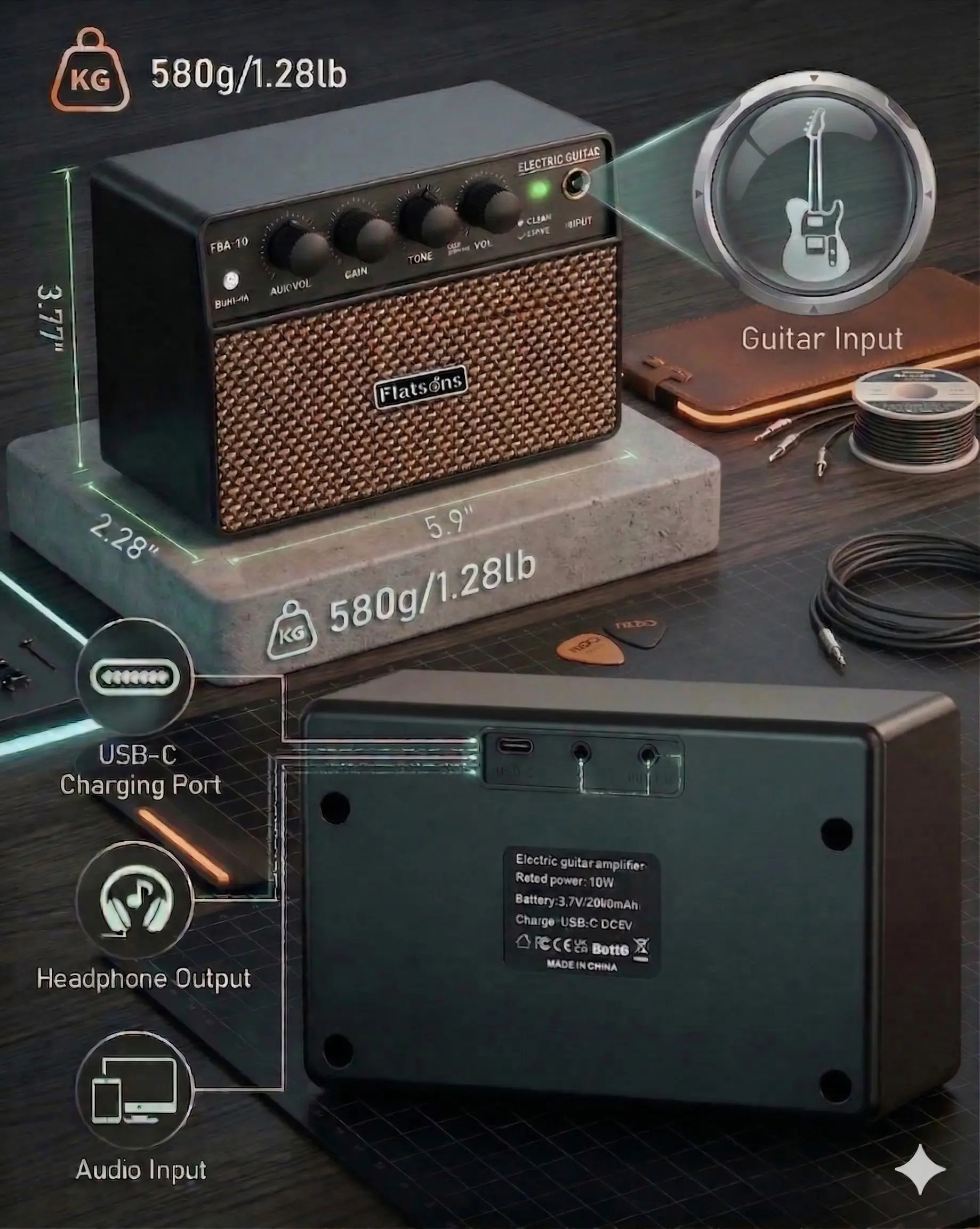 Flatsons FBA-10 Guitar Amp, 3.5Mm Headphone/Aux Jack, 10W Mini Electric Guitar Amplifier with Clean/Drive Channel - Portable