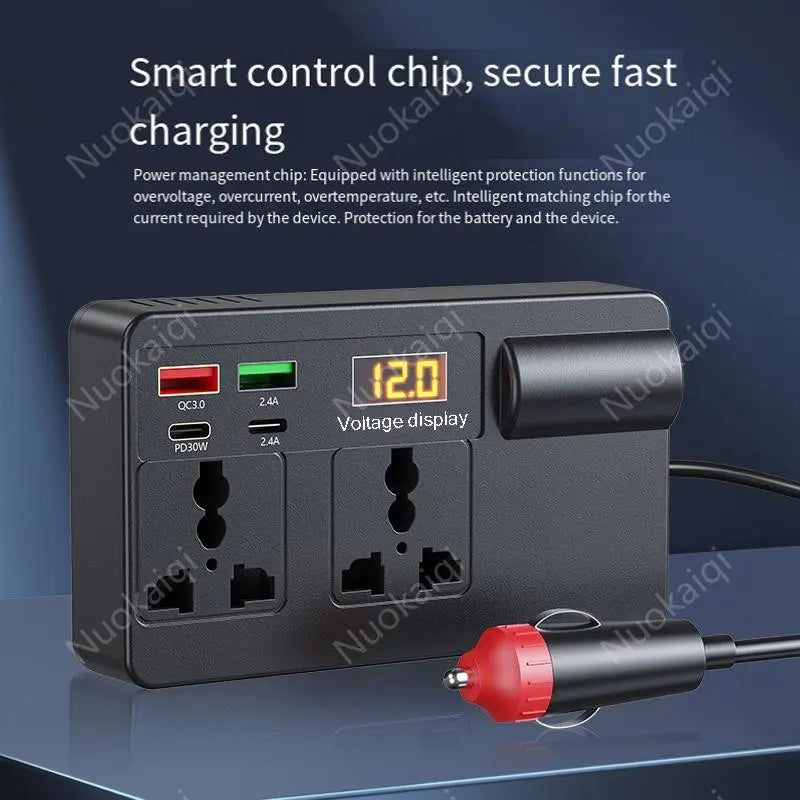 Car Power Charger Inverter - 12V-24V to 220V with Smart Chip, QC3.0 Fast Charging USB Ports, Wireless Carplay Adapter